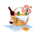 Picnic Wicker Hamper with Foodstuff for Eating Outdoors Vector Illustration