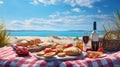 Picnic With Wine And Fruit On A White And Checkered Linen Blanket Next To A Blue Ocean