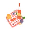 Picnic wine graphic element. Garden picnic, outdoor leisure, romantic dinner outside on red blanket. Bottle of wine