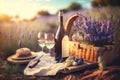 Picnic with wine on a lavender field. Created with Generative AI technology