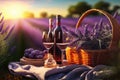 Picnic with wine on a lavender field. Created with Generative AI technology