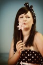 Picnic. Woman with pinwheel / windmill toy Royalty Free Stock Photo