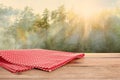 Picnic table with checkered red napkin and sunny forest on background