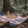 A picnic in the woods with frog figurines. Generative AI image.