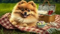 Picnicking Pomeranian: Adorable Dog Enjoying a Picnic on a Sunny Day in the Park