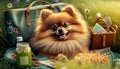 Picnicking Pomeranian: Adorable Dog Enjoying a Picnic on a Sunny Day in the Park