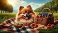 Picnicking Pomeranian: Adorable Dog Enjoying a Picnic on a Sunny Day in the Park