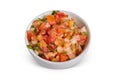 Pico de gallo salsa small white petri dish stacked food in bowl plain background asset