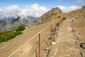 Pico do Arieiro hiking trail, amazing magic landscape with incredible views, rocks and mist, path with railing