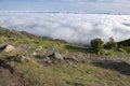 Pico Ruivo hiking, above clouds, amazing magic landscape, incredible views, sunny weather with low clouds, island Madeira, Portu