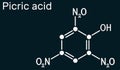 Picric acid 2,4,6-trinitrophenol, TNP, C6H3N3O7 molecule. It has a role as an explosive, an antiseptic drug. Skeletal chemical