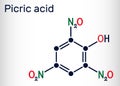 Picric acid 2,4,6-trinitrophenol, TNP, C6H3N3O7 molecule. It has a role as an explosive, an antiseptic drug. Skeletal chemical