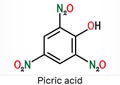 Picric acid 2,4,6-trinitrophenol, TNP, C6H3N3O7 molecule. It has a role as an explosive, an antiseptic drug. Skeletal chemical