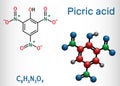 Picric acid 2,4,6-trinitrophenol, TNP, C6H3N3O7 molecule. It has a role as an explosive, an antiseptic drug. Structural