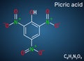 Picric acid 2,4,6-trinitrophenol, TNP, C6H3N3O7 molecule. It has a role as an explosive, an antiseptic drug. Structural