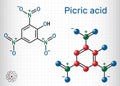 Picric acid 2,4,6-trinitrophenol, TNP, C6H3N3O7 molecule. It has a role as an explosive, an antiseptic drug. Structural