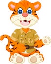 Cute little tiger cartoon sitting with smile and waving