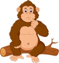 Funny gorilla cartoon sitting confused on wooden Royalty Free Stock Photo