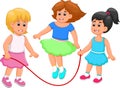 Happy children cartoon play jump rope with happiness