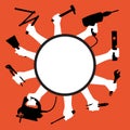 Poster concept for work or DIY with hands showing different tools. Royalty Free Stock Photo