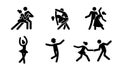 Pictogram dancer stick figure icon set. Black pictogram party dancing people, tango couple, ballet woman