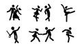 Pictogram dancer stick figure icon set. Black pictogram party dancing people, tango couple, ballet woman