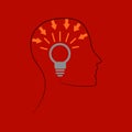 Pictogram, ideological head with a light bulb, silhouette-drawing on a red background,