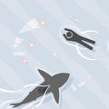 Pictogram scene of shark swimming dangerously close to unaware s