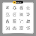 Pictogram Set of 16 Simple Outlines of growing, search, backpack, research, new