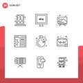 Pictogram Set of 9 Simple Outlines of progress, flask, image, growth, setting