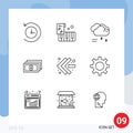 Pictogram Set of 9 Simple Outlines of vehicles, left, raining, fast forward, cash