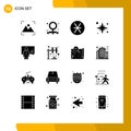 Pictogram Set of 16 Simple Solid Glyphs of analytics, beach, denarius, sea, holiday