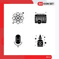 Pictogram Set of 4 Simple Solid Glyphs of atom, microphone, study, time, liquid