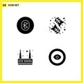 Pictogram Set of 4 Simple Solid Glyphs of bluetooth, modem, system, food, wifi