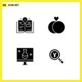 Pictogram Set of 4 Simple Solid Glyphs of bulb, echography, marriage, biology, yen