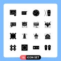 Pictogram Set of 16 Simple Solid Glyphs of cell, telephoe, globe, food, box