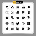 Pictogram Set of 25 Simple Solid Glyphs of close, food, stationery, drink, plan