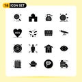 Pictogram Set of 16 Simple Solid Glyphs of marketing, arrow, shack, achievement, money