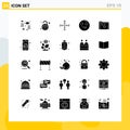 Pictogram Set of 25 Simple Solid Glyphs of server, data, unsecured, happy, emojis