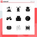 Pictogram Set of 9 Simple Solid Glyphs of thanks, letter, castle, envelope, motorbike