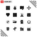 Pictogram Set of 16 Simple Solid Glyphs of wireframe, human heart, cross, heart shape, wrench