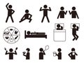 Pictograms related to lifestyle habits. People who exercise, sleep, smoke, eat, and drink alcohol