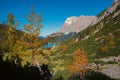 Pictorial autumn landscape, hiking trail to Seebensee mountain lake and view to famous Zugspitze