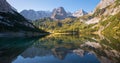 Pictorial autumn landscape, hiking trail to Seebensee mountain lake and view to famous Zugspitze