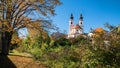 Pictorial autumn scenery, Aschau im Chiemgau, church with twin tower, tourist resort upper bavaria