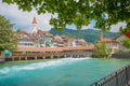 pictorial historic old town thun and wooden dam bridge over aare river, switzerland Royalty Free Stock Photo