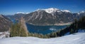 Pictorial lake achensee in march, view from the mountain