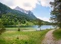 Pictorial lake Lautersee in may, view to Wettersteinspitze mountain. Hiking area Mittenwald, bavaria