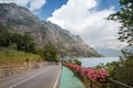 pictorial lakeside road with flower decoration near limone, garda lake