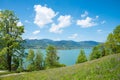 Pictorial spring landscape Leeberg hill, view to turquoise lake Tegernsee, bavarian tourist resort Royalty Free Stock Photo